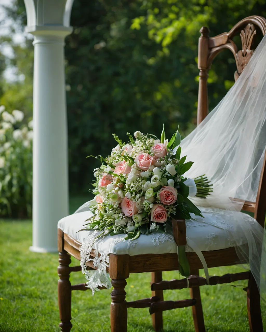 A wedding bouquet and veil rest on a wooden chair with lace cushion in a sunny garden.