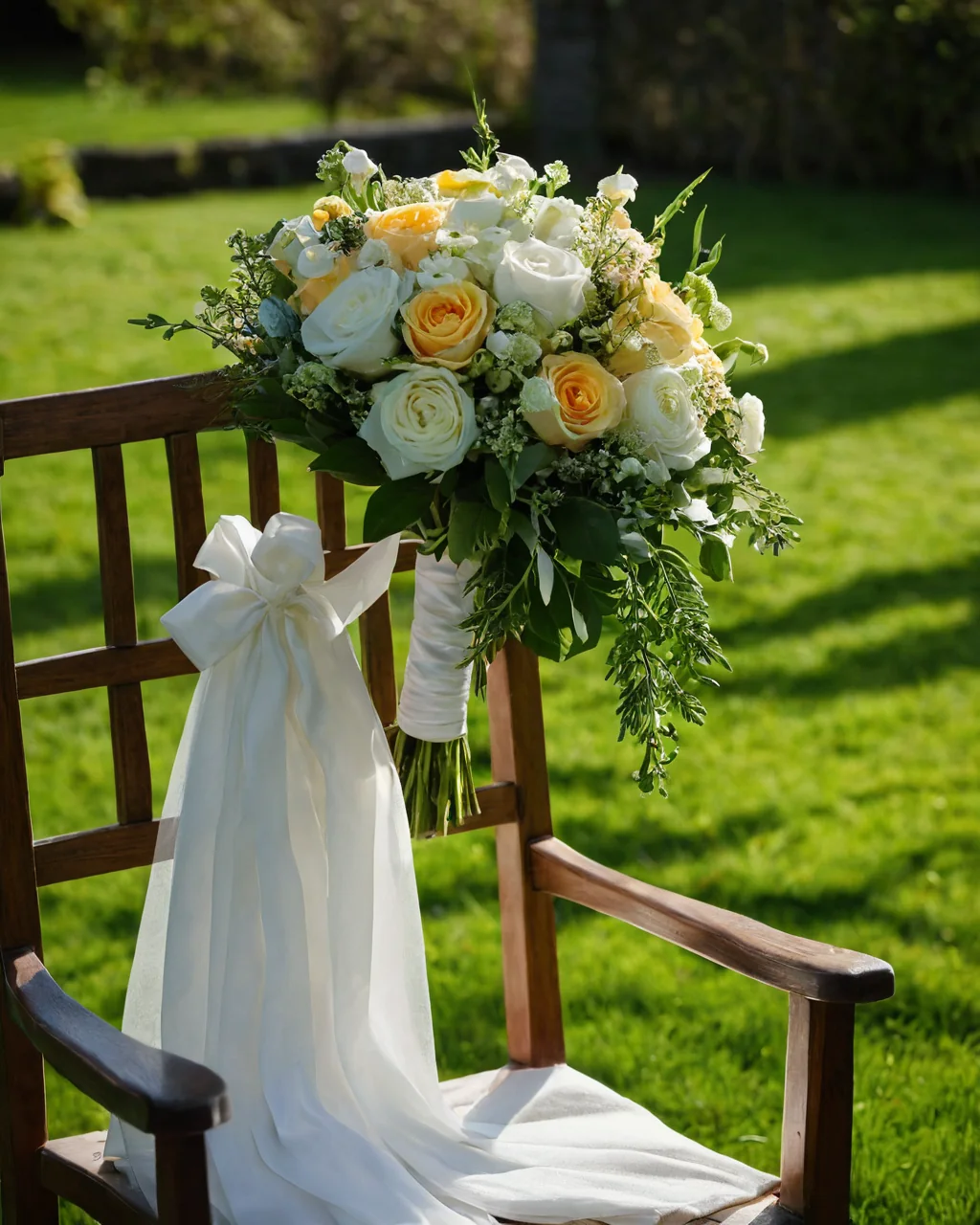 A white and yellow floral wedding bouquet with greenery on a wooden chair in a grassy garden.