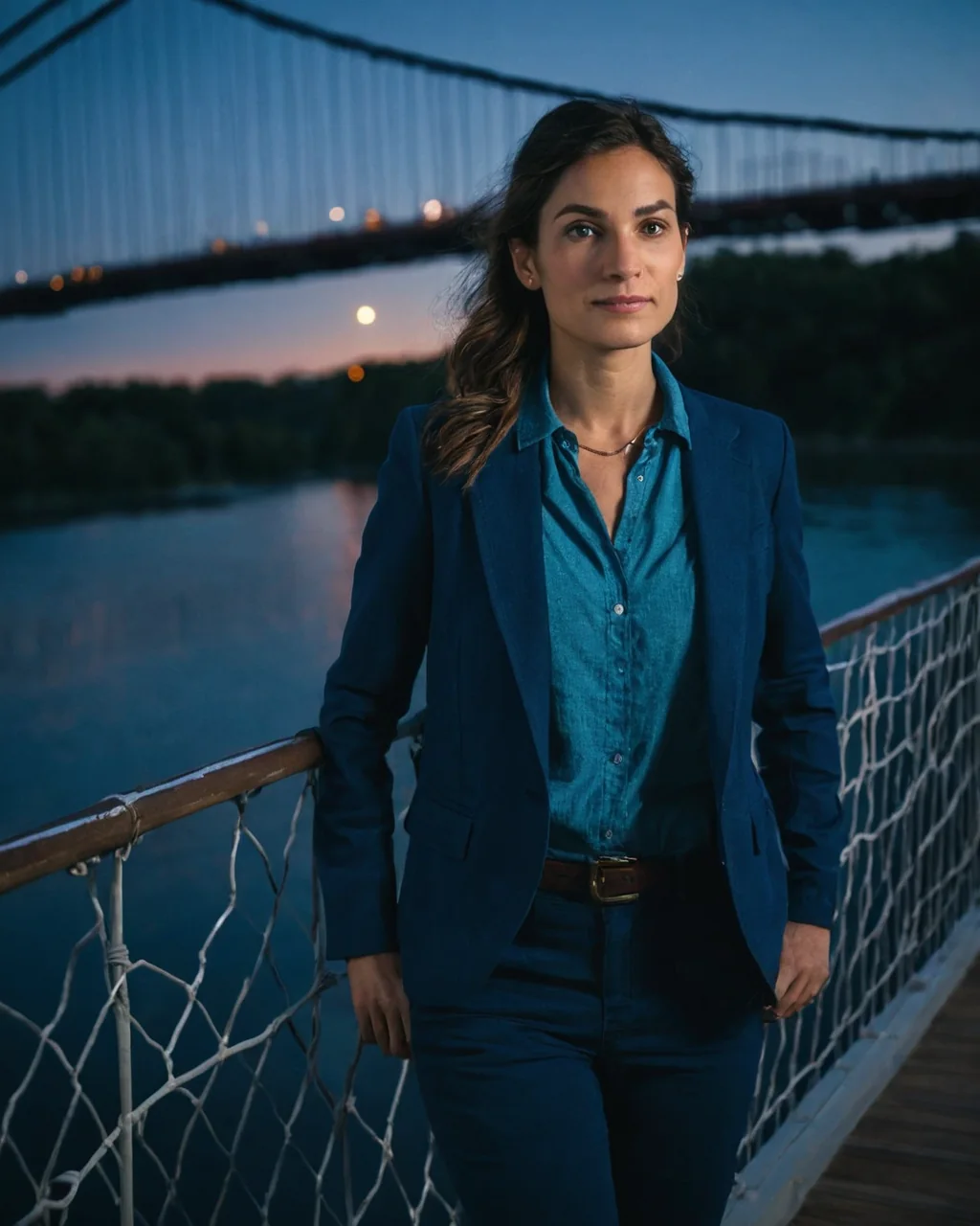A woman in a blue suit stands on a bridge railing at dusk with a lit suspension bridge and river behind her.