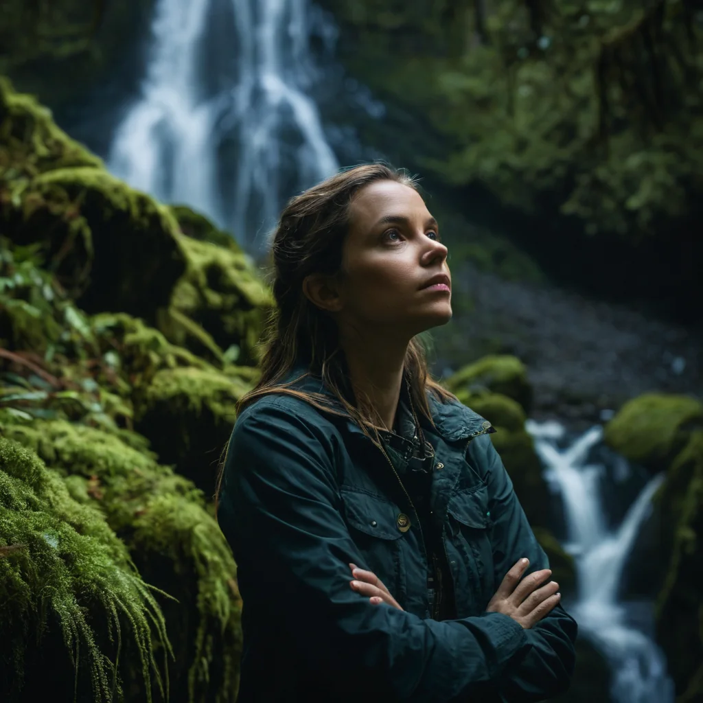 A woman in a dark jacket stands with arms crossed in front of a mossy cliff with waterfalls behind her.