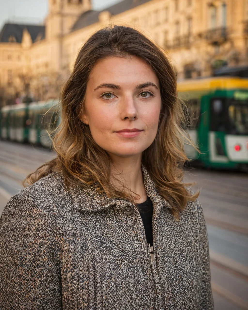 A woman in a textured coat stands on a city street with a green tram and historic buildings behind her.