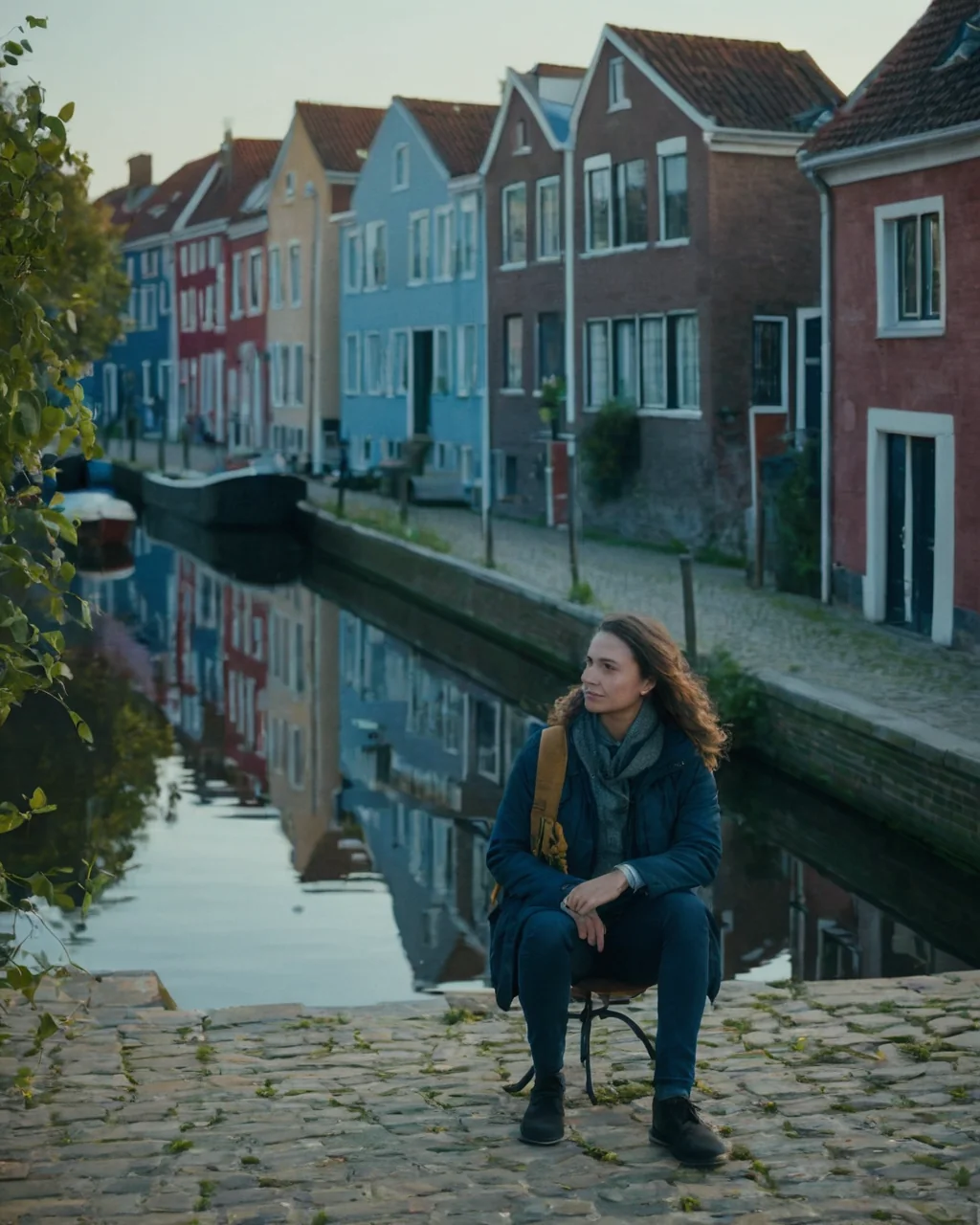 A woman sits on a stool beside a canal with colorful Dutch houses reflected in the water.