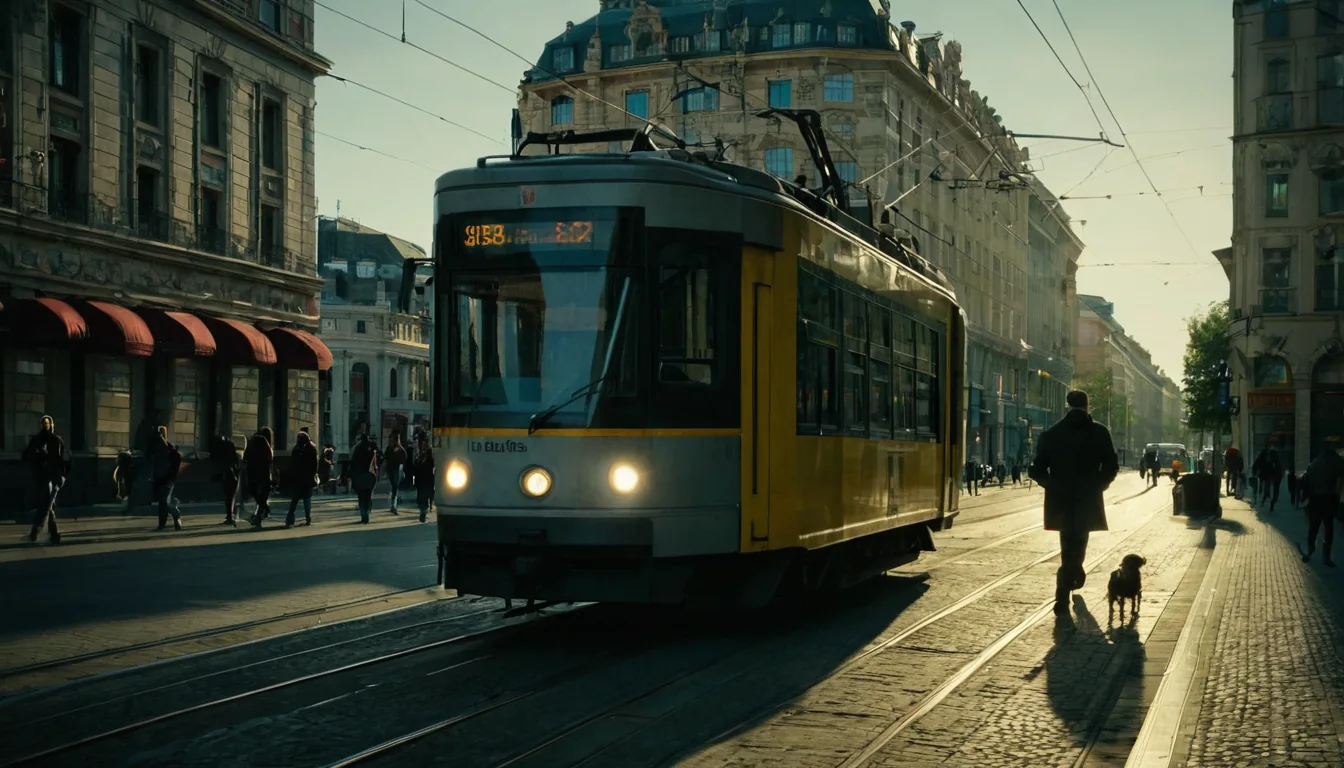 A yellow tram moves along a cobblestone street as a man walks his dog past historic buildings.