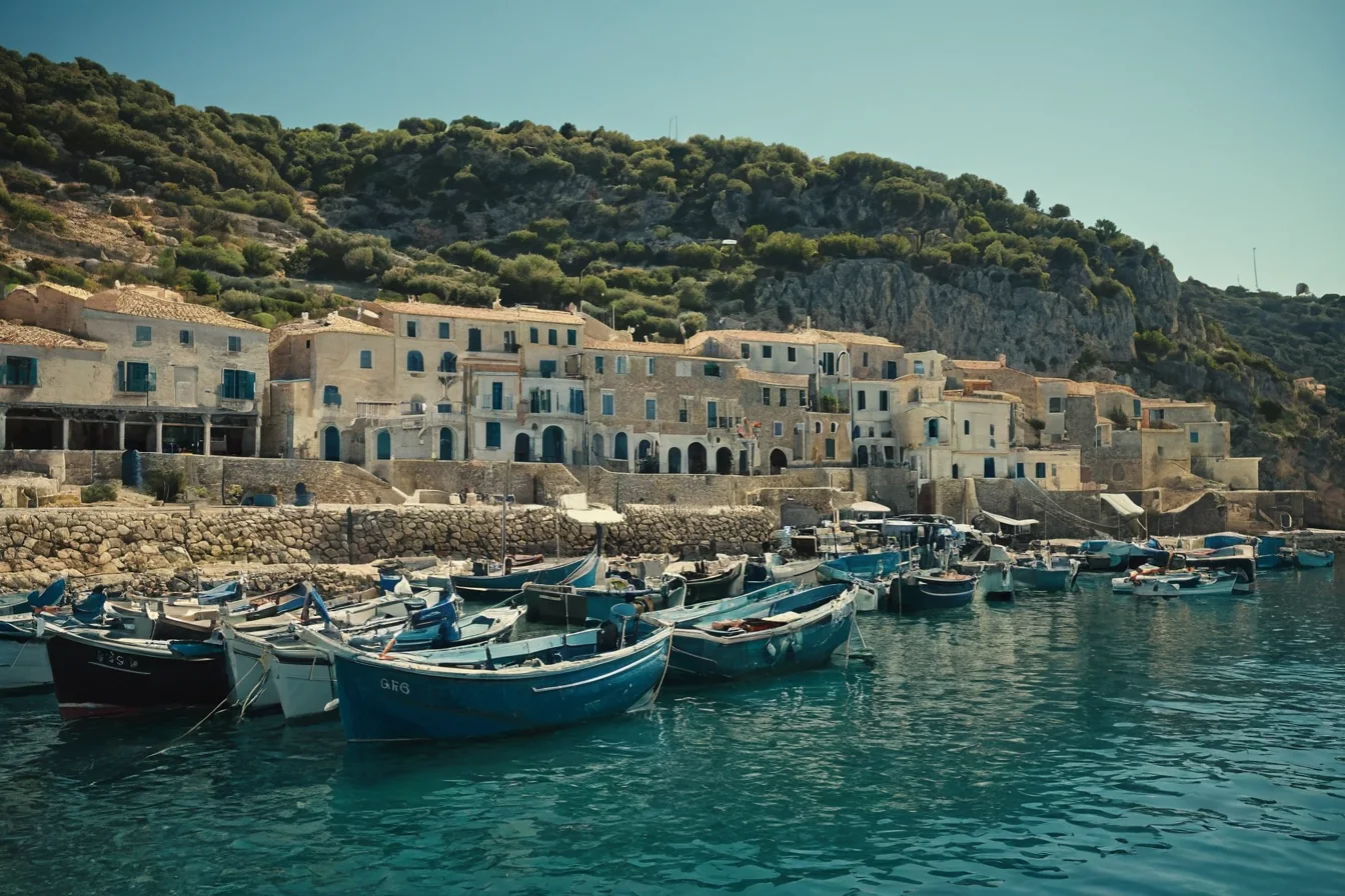 Blue fishing boats docked in a harbor with white buildings on a rocky cliffside under a clear sky.