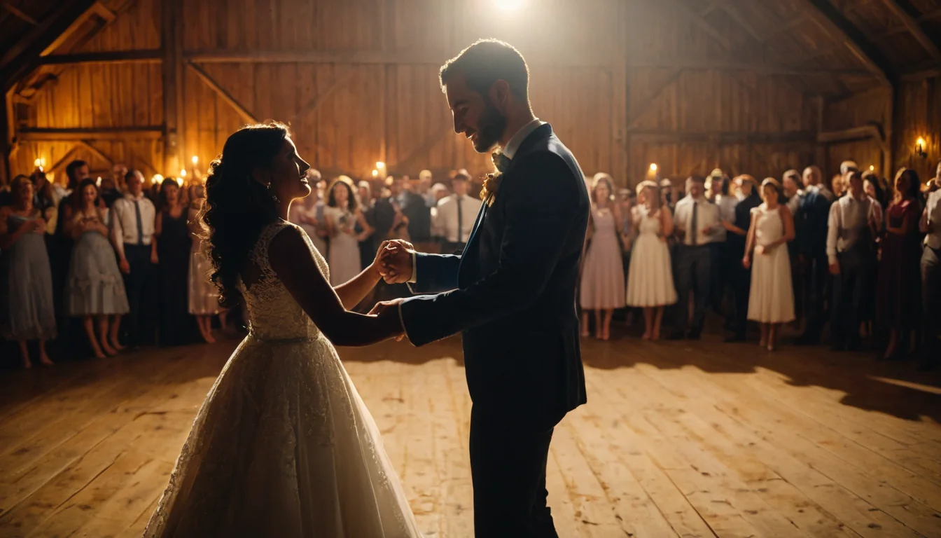 Bride and groom dancing in a rustic barn with guests watching under warm lights
