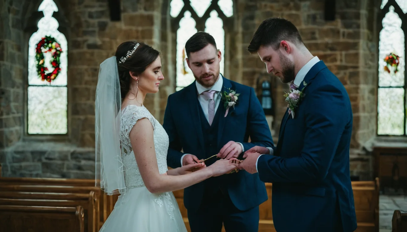 Bride and groom exchanging wedding rings in a stone church with stained glass windows.