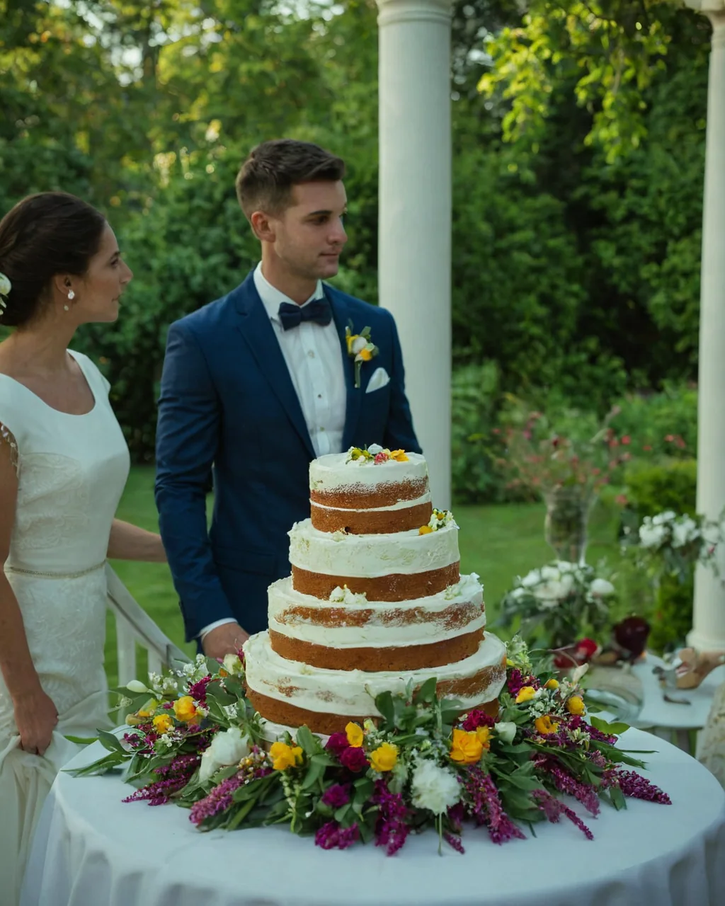 Bride and groom standing beside a decorated wedding cake outdoors.