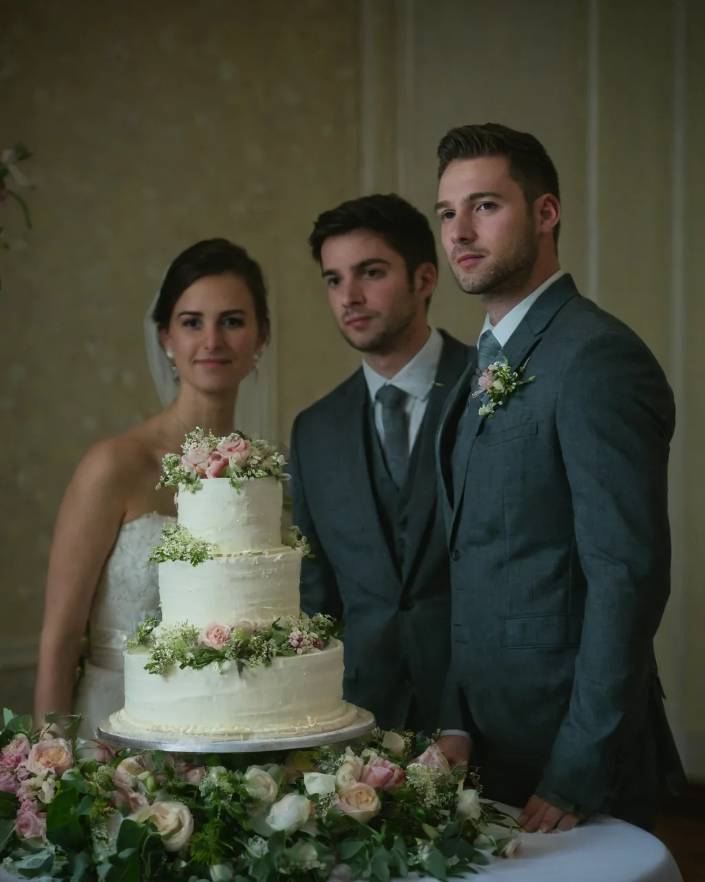 Bride and groom standing beside a decorated wedding cake with flowers