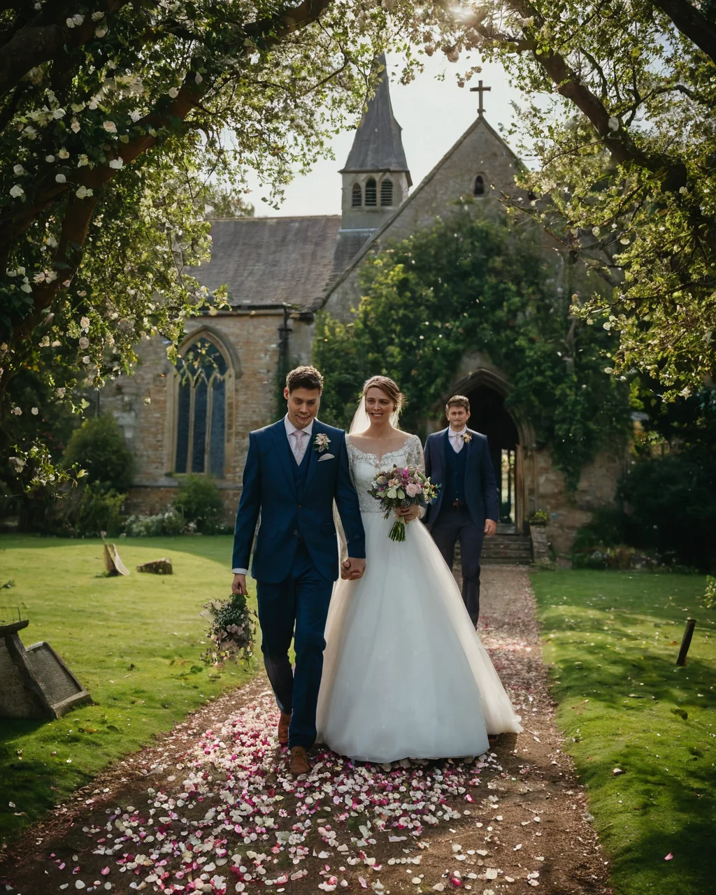 Bride and groom walking on a path covered with pink and white petals toward a church.