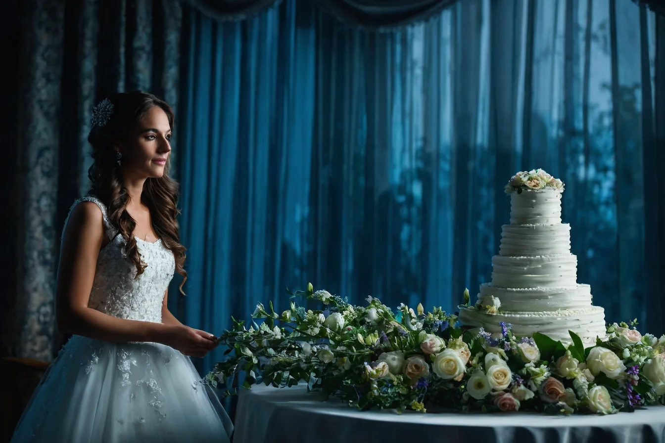 Bride in white lace gown beside wedding cake with flowers on table