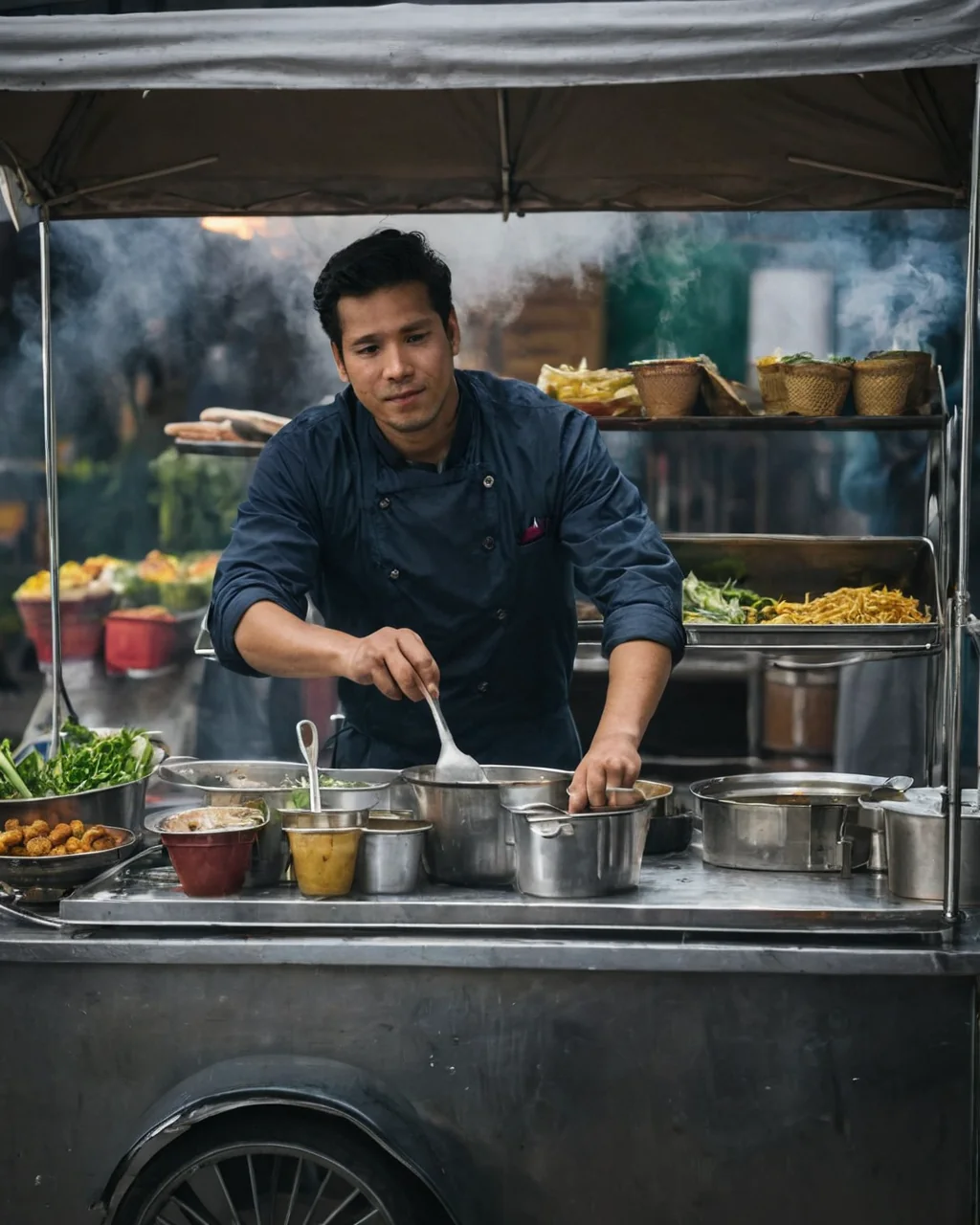 Chef stirring food on a street food cart with steam rising and colorful ingredients around.