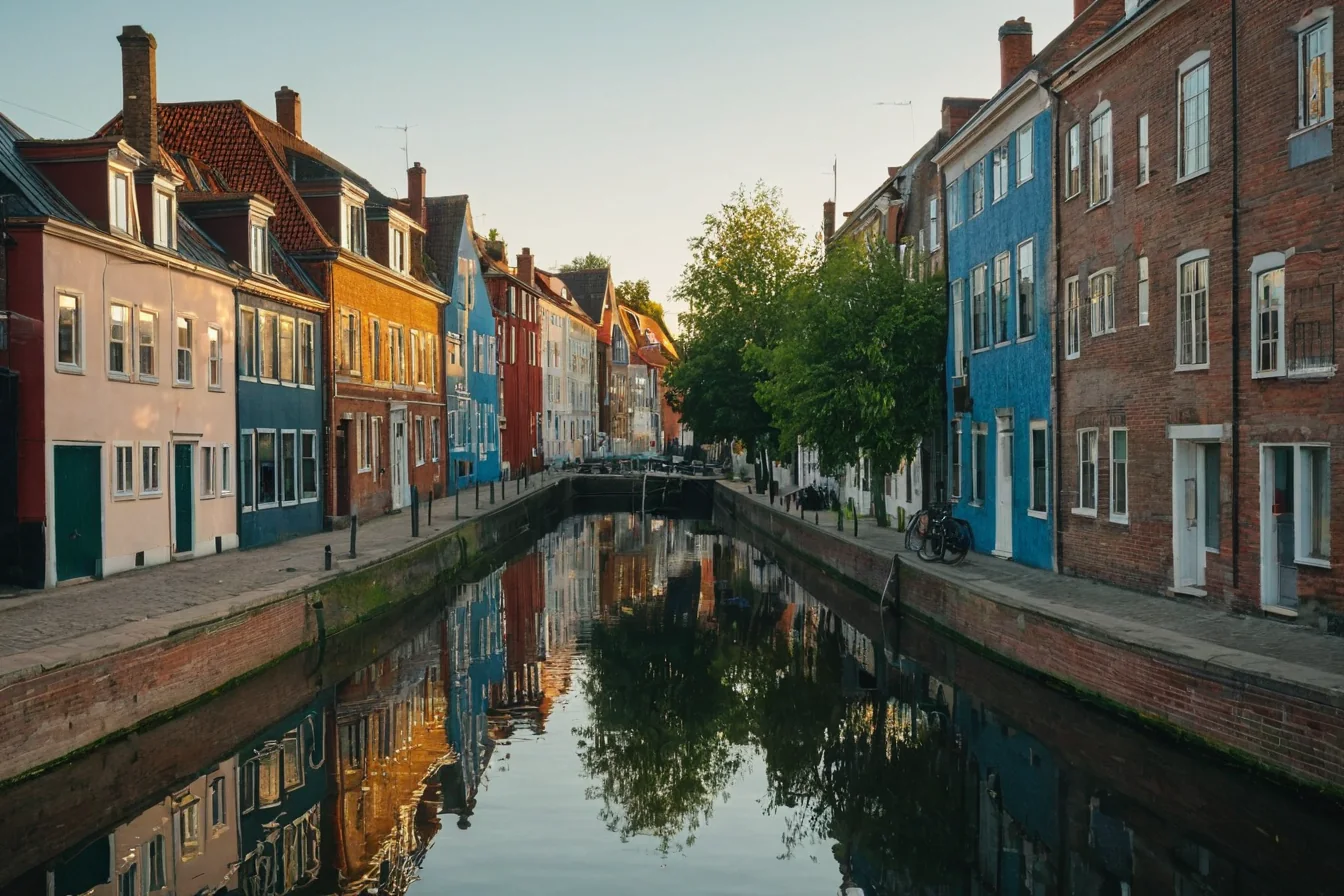 Colorful brick houses reflect in calm canal water under golden sunset light with green trees and bicycles nearby.