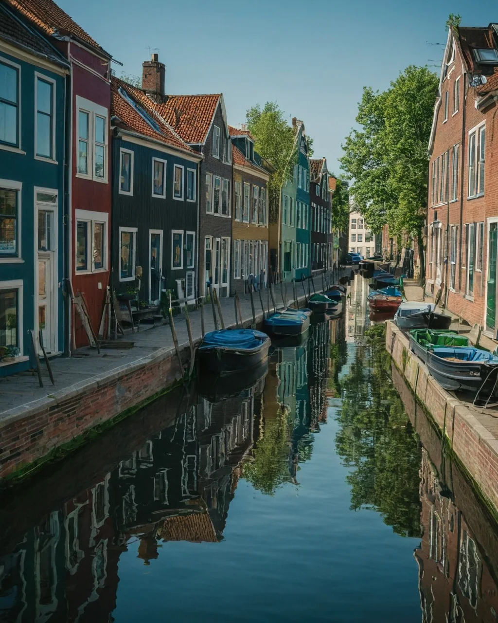 Colorful canal houses with boats reflected in calm water under clear sky
