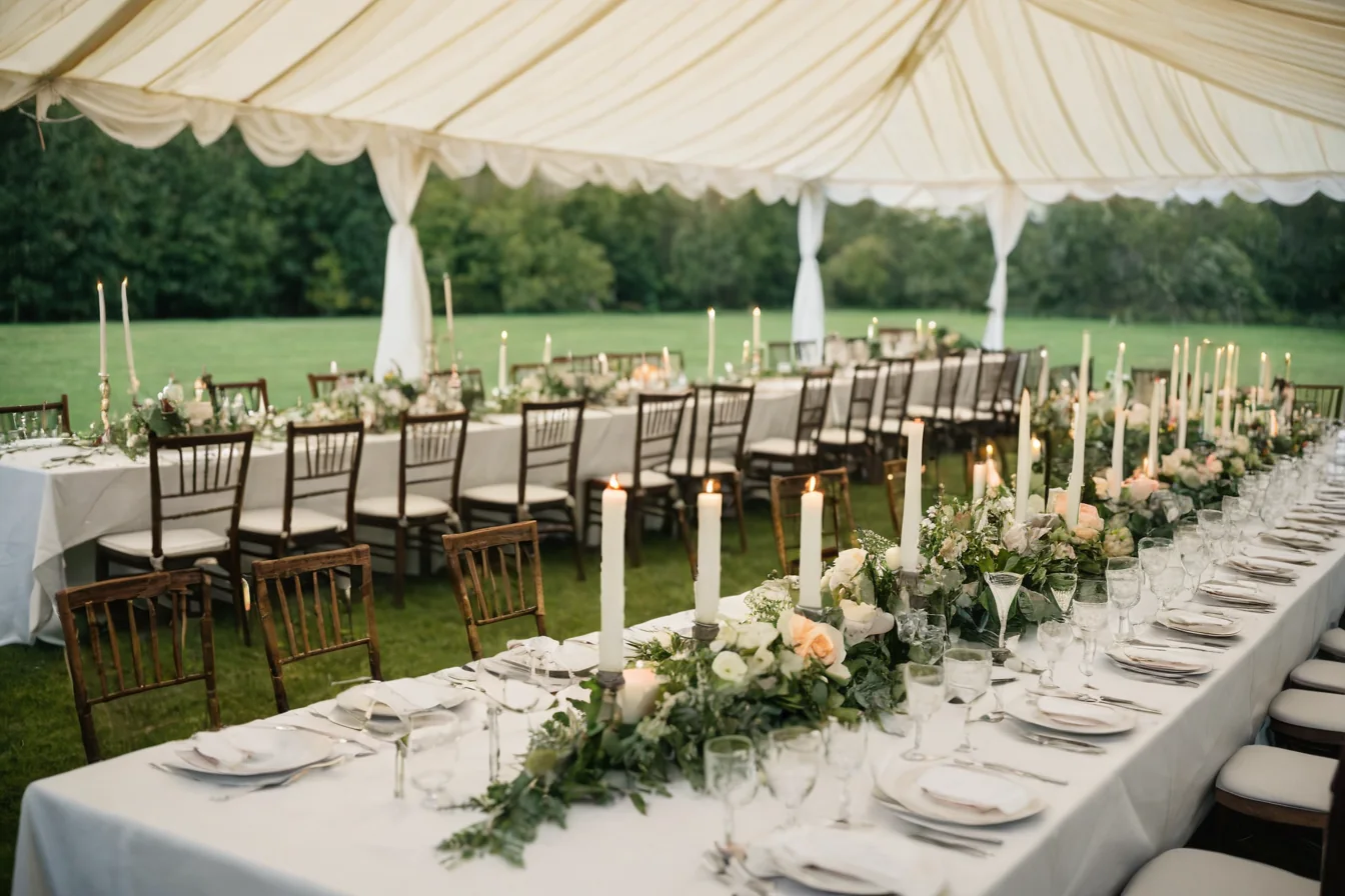 Elegant outdoor wedding reception tables with candles and floral arrangements under a canopy.