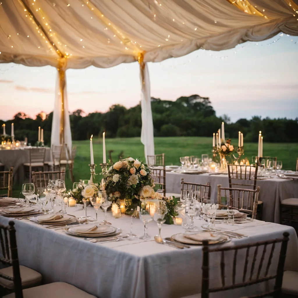 Elegant wedding reception table under canopy with string lights and floral centerpiece at dusk