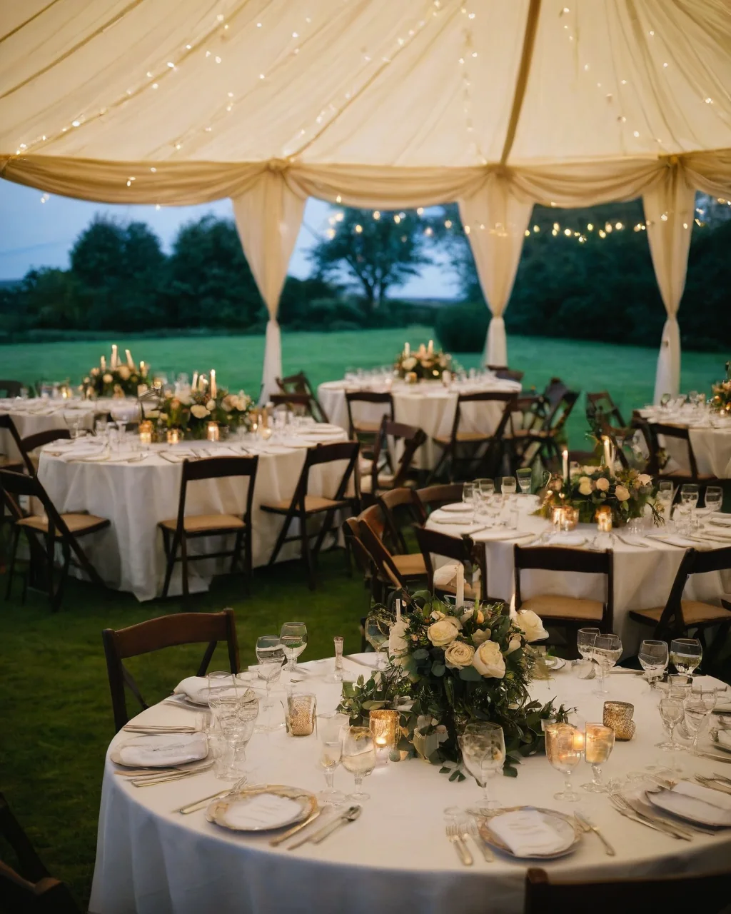 Elegant wedding tables set under a tent with string lights and floral centerpieces on a grassy field.