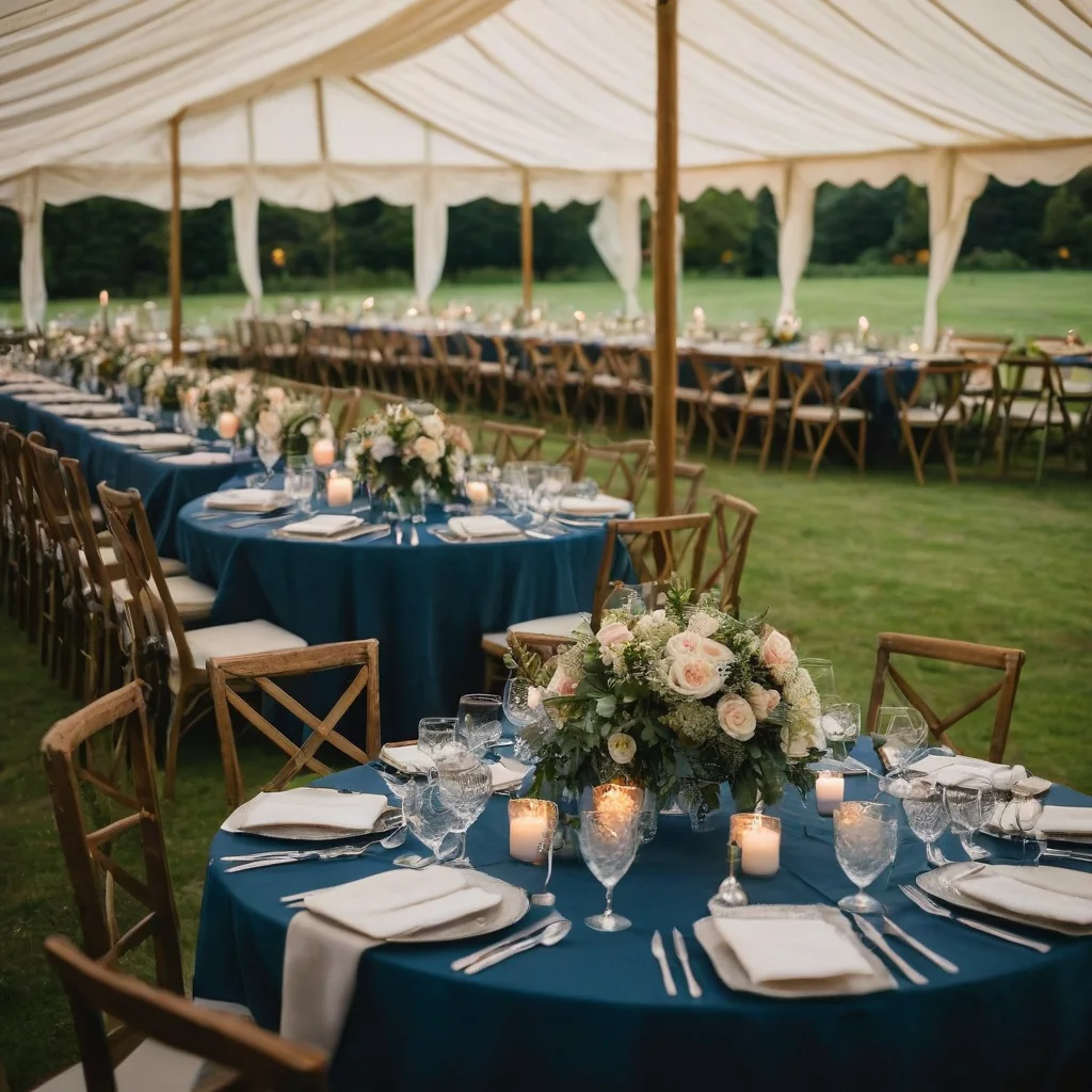 Elegant wedding tables under a white tent with navy linens and floral centerpieces lit by candles.