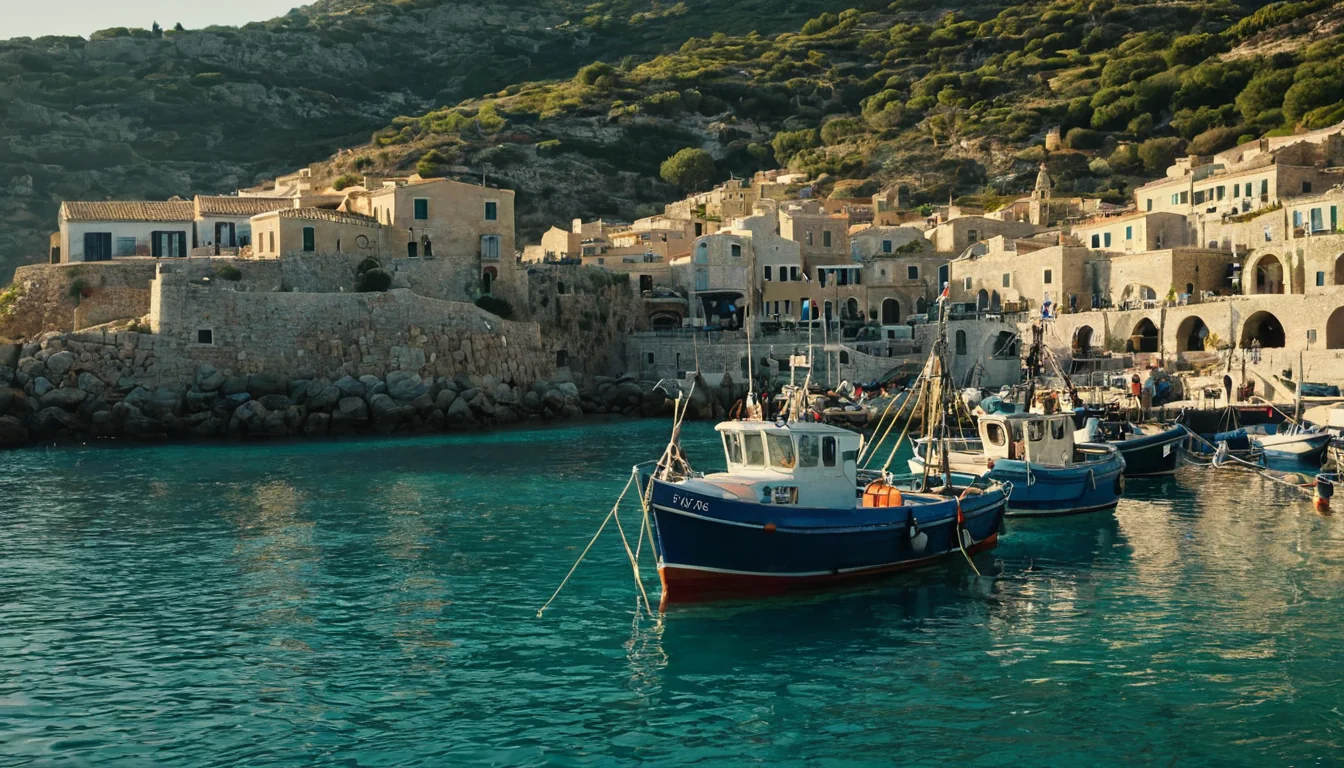 Fishing boats moored in a harbor with stone buildings on a sunlit hillside.