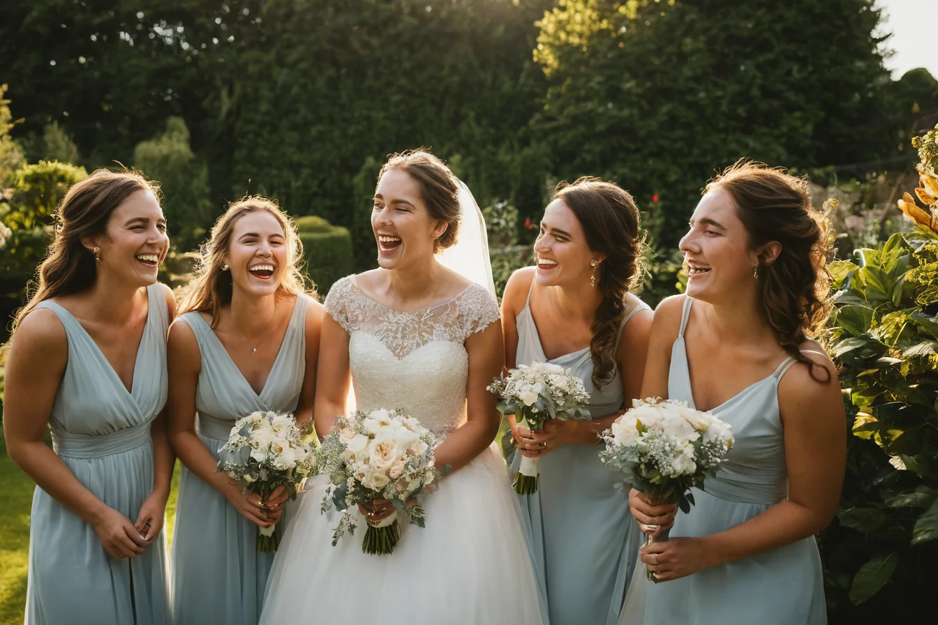 Five women in wedding attire laughing together in a sunlit garden holding bouquets