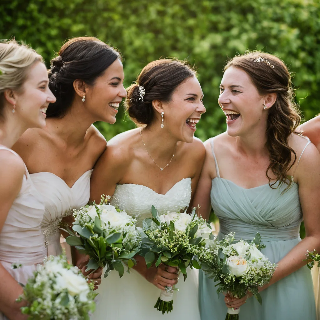 Four bridesmaids laughing and holding bouquets in a garden setting