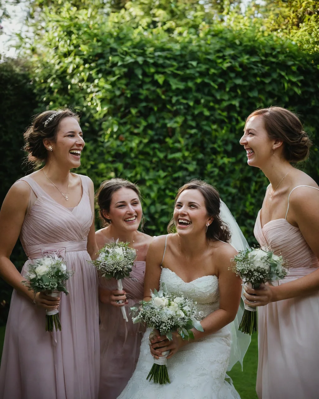 Four women in wedding attire laughing together outdoors with floral bouquets and greenery behind them.