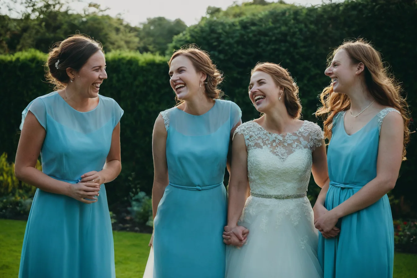 Four women laughing together at a wedding in a garden