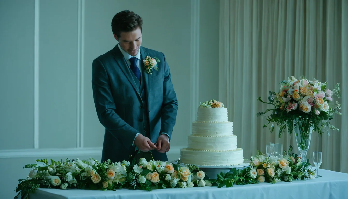 Groom cutting wedding cake with floral decorations on table