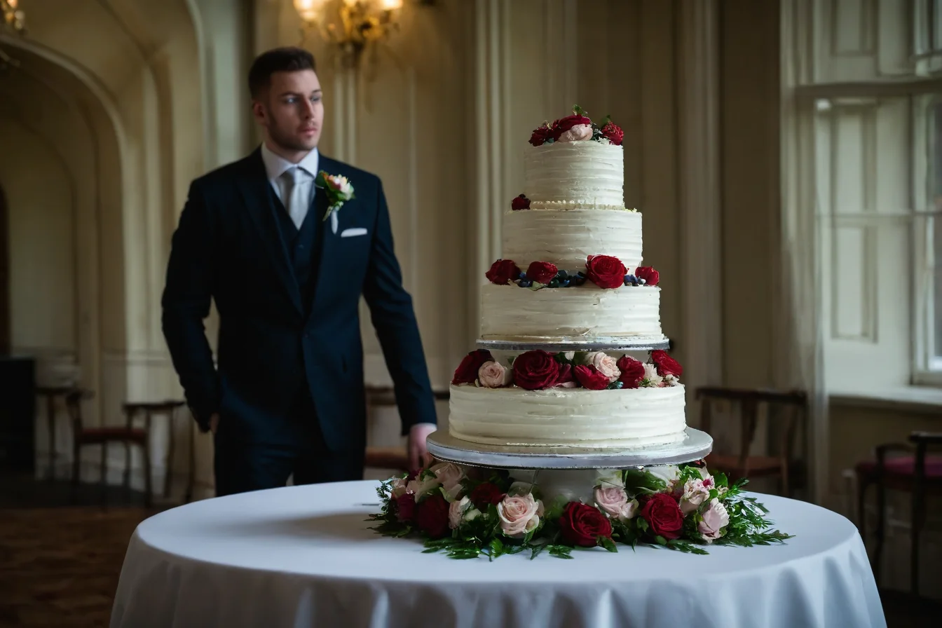 Groom in dark suit standing beside a multi-tiered wedding cake with red and blush roses.