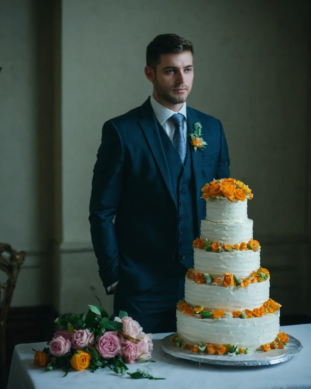 Groom in navy suit standing beside a four-tiered wedding cake with orange roses.