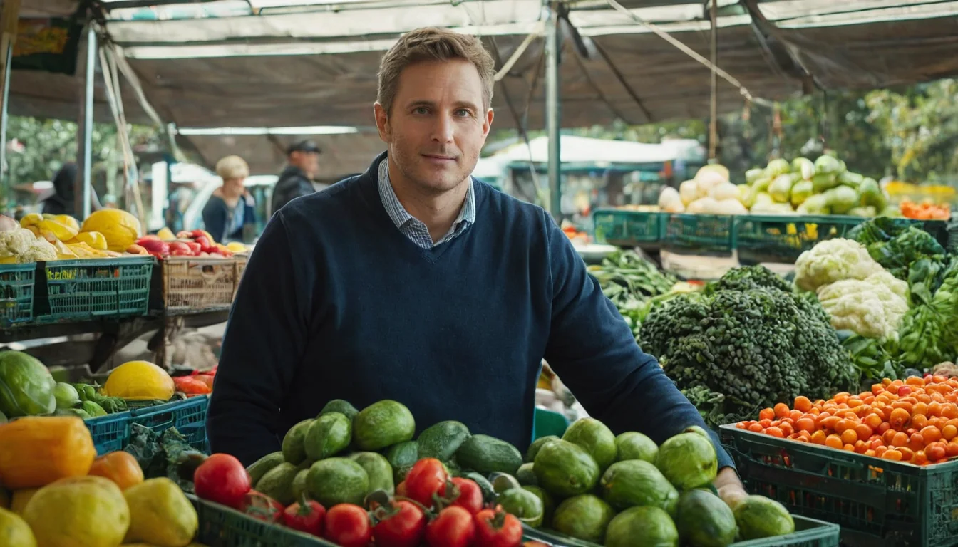 Man behind fresh vegetable stall at outdoor market with tomatoes avocados and cauliflower