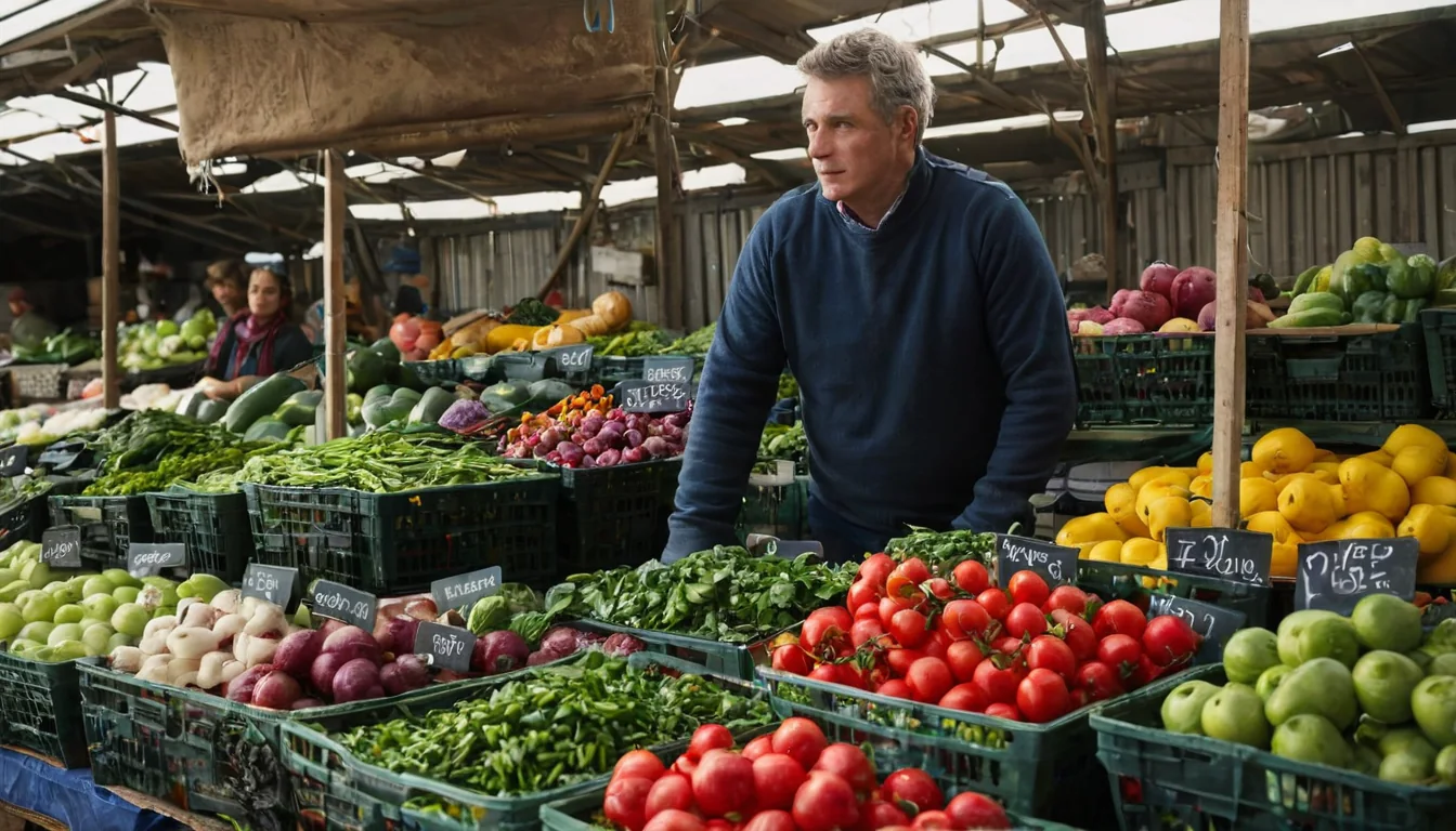 Man behind vegetable stall with tomatoes beans and melons in crates under market canopy