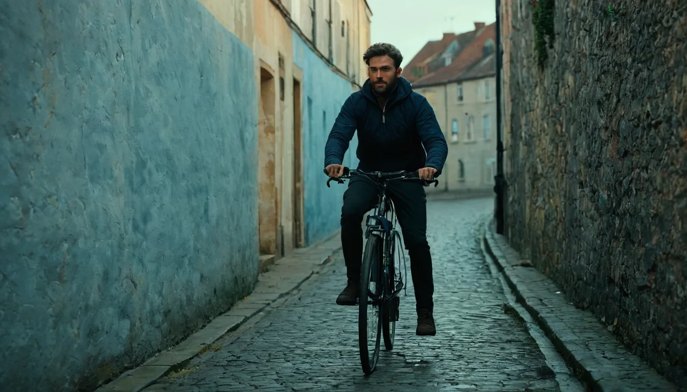 Man cycling through narrow cobblestone alley with blue and stone walls