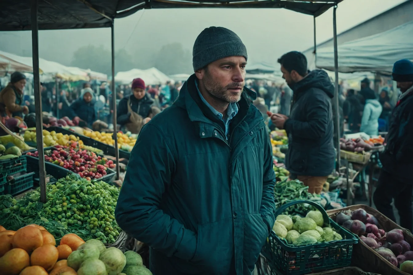 Man in beanie and jacket at outdoor vegetable market with colorful produce and misty background