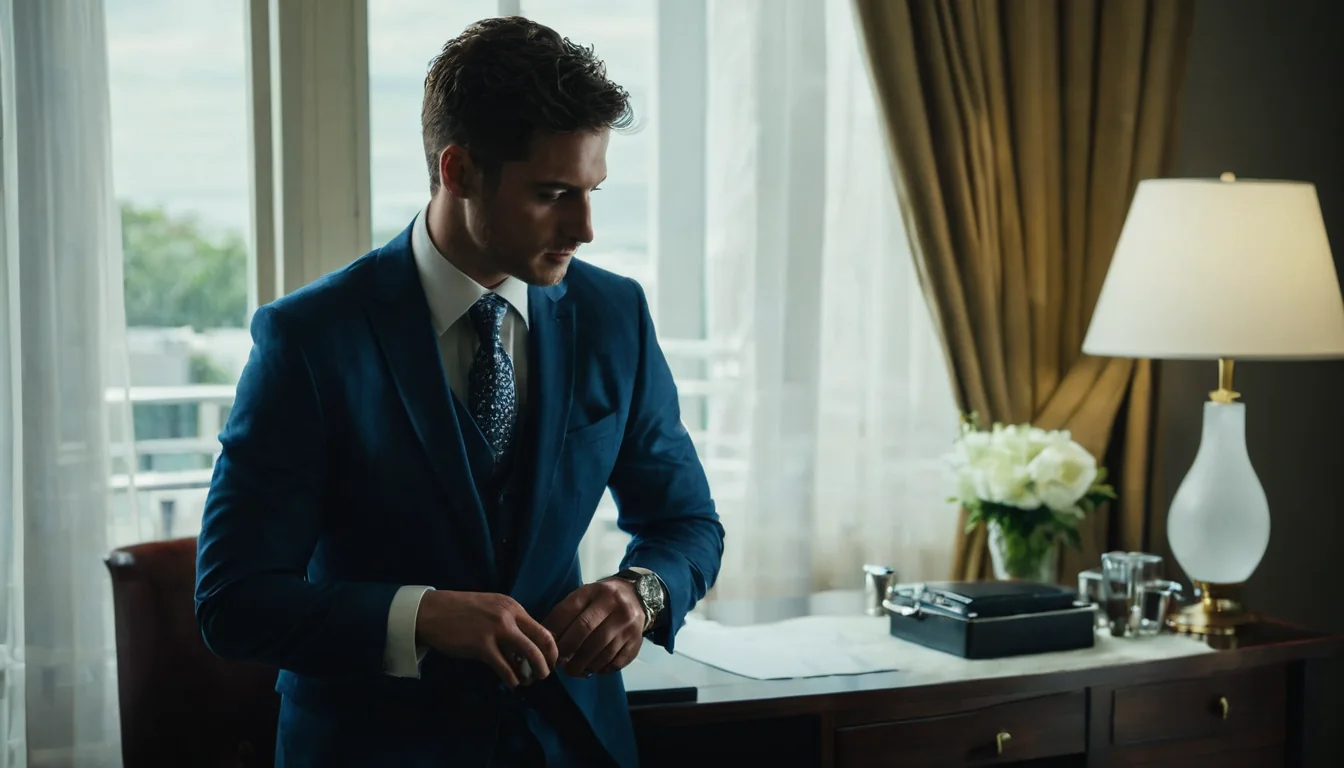 Man in blue suit adjusting tie near window with white roses and lamp on desk