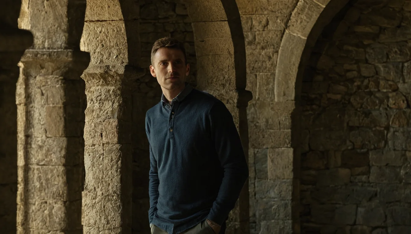 Man in blue sweater standing in stone archway with sunlight