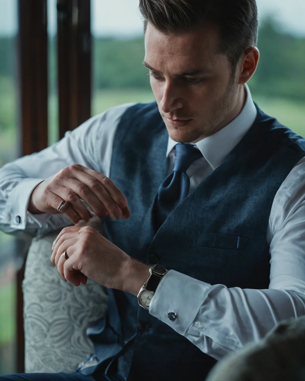 Man in blue vest and white shirt checking wristwatch by window
