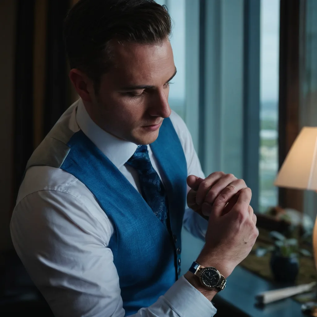 Man in blue vest checking wristwatch near window with lamp light