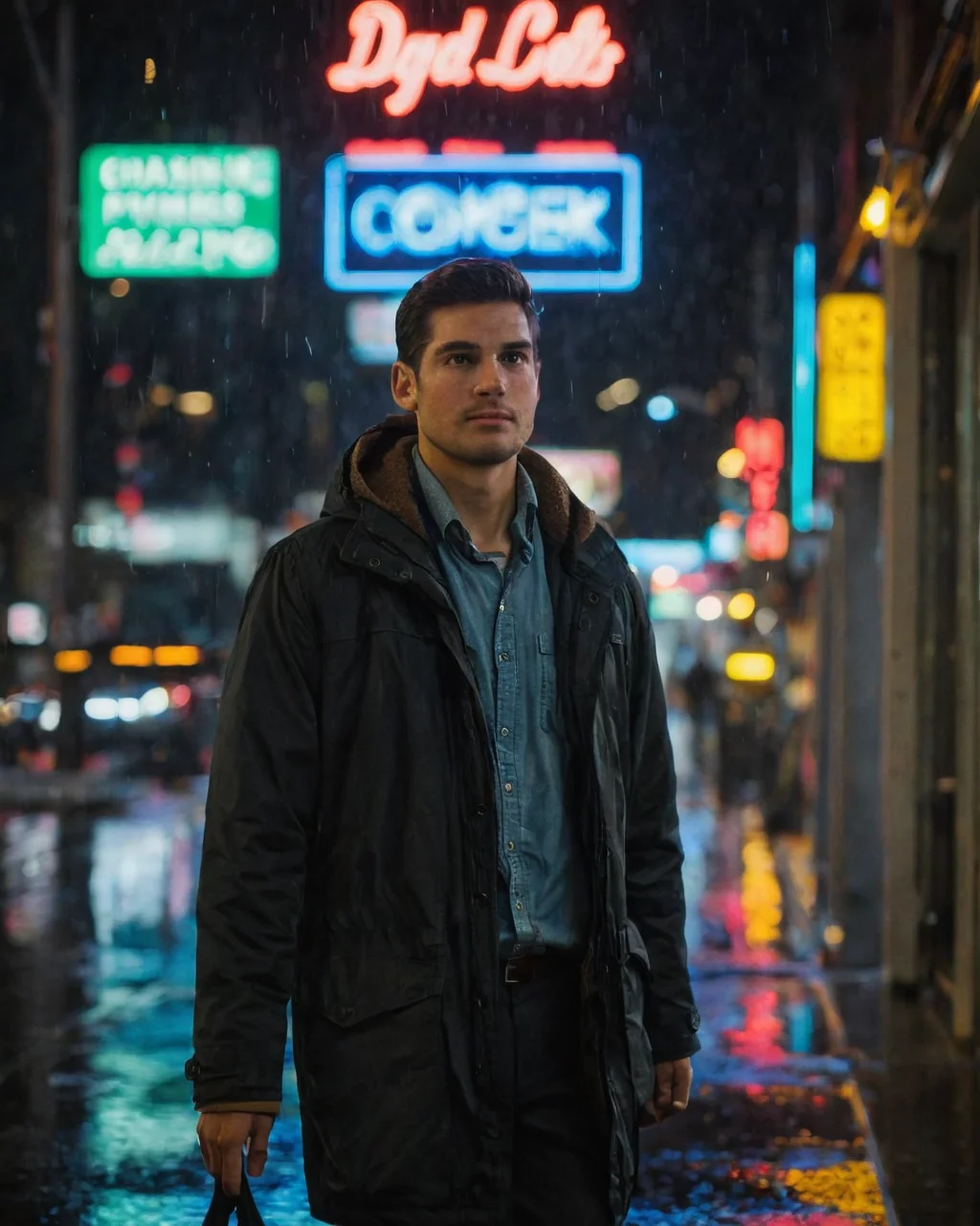 Man in dark coat standing on rainy city street at night under glowing neon signs.