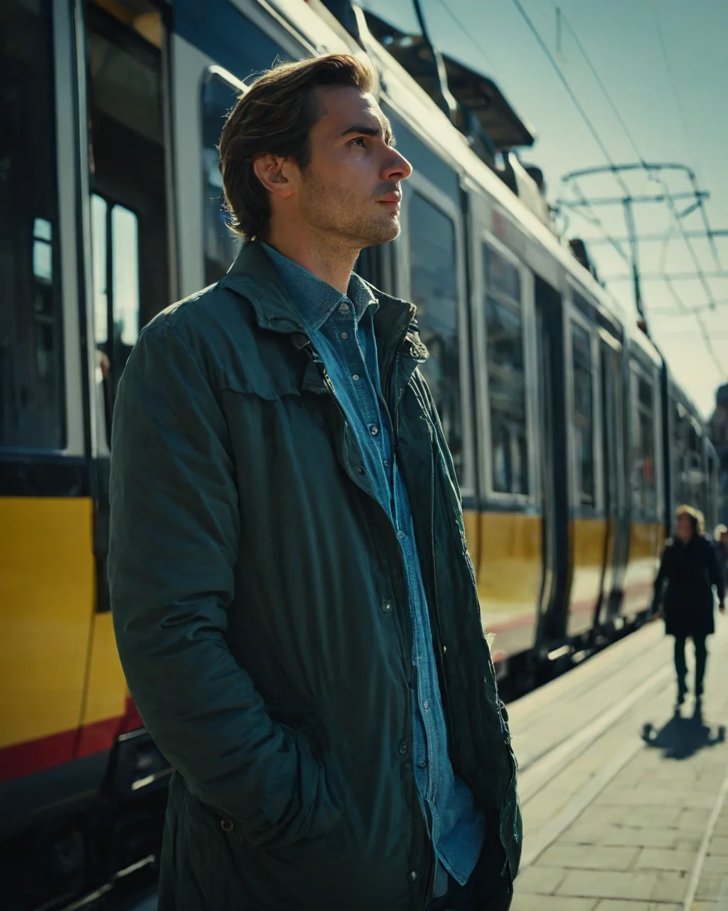 Man in dark coat standing on sunny train platform beside yellow tram