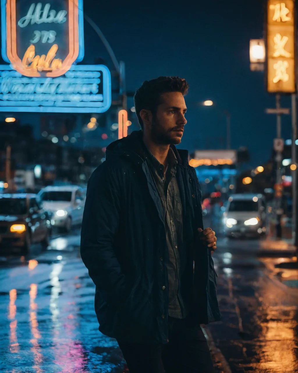 Man in dark coat standing on wet city street at night under glowing neon signs.