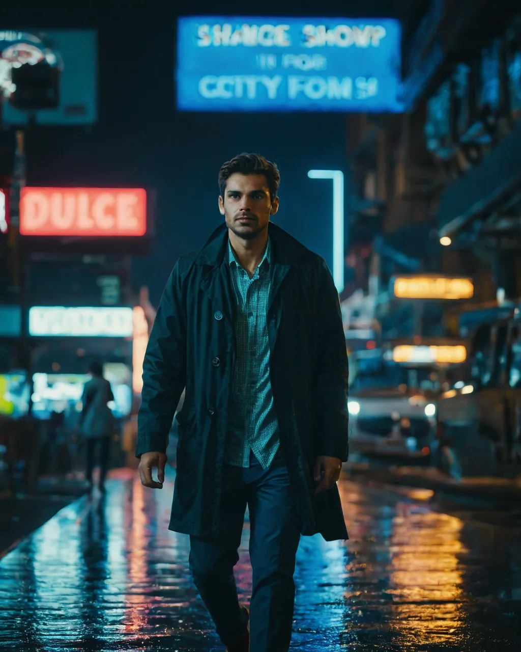 Man in dark coat walking on wet city street under glowing neon signs at night