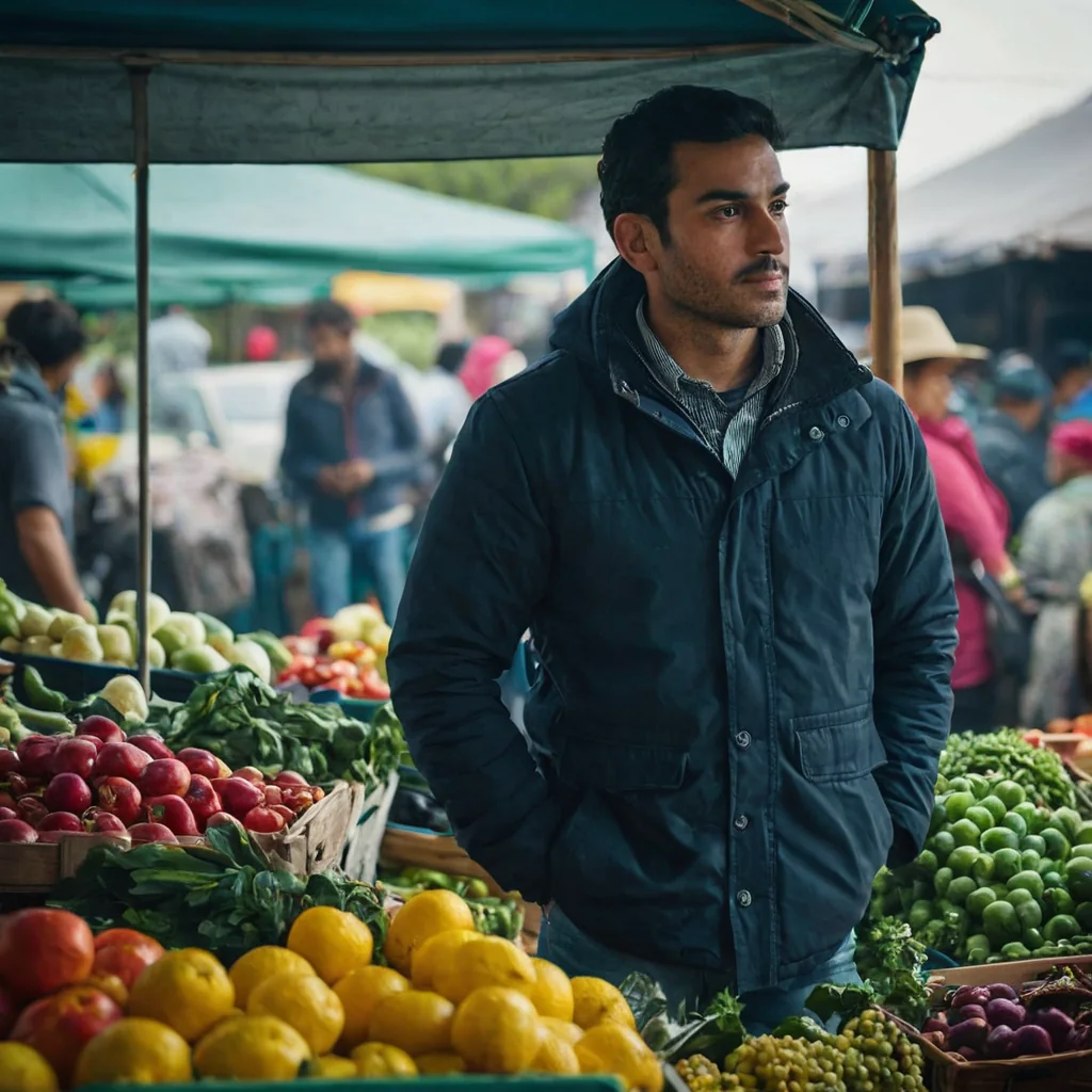 Man in dark jacket standing at outdoor market surrounded by colorful produce.