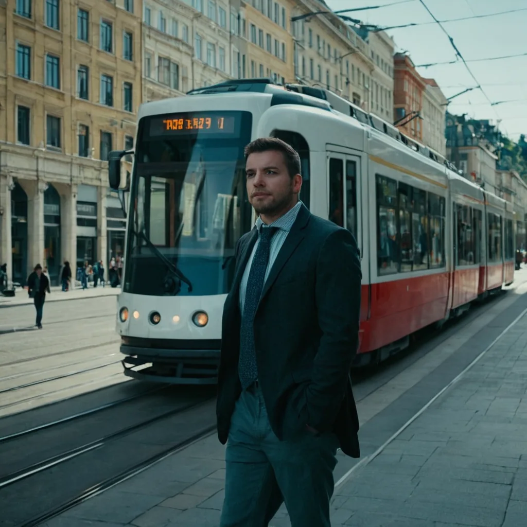 Man in suit standing on sidewalk beside passing tram in city