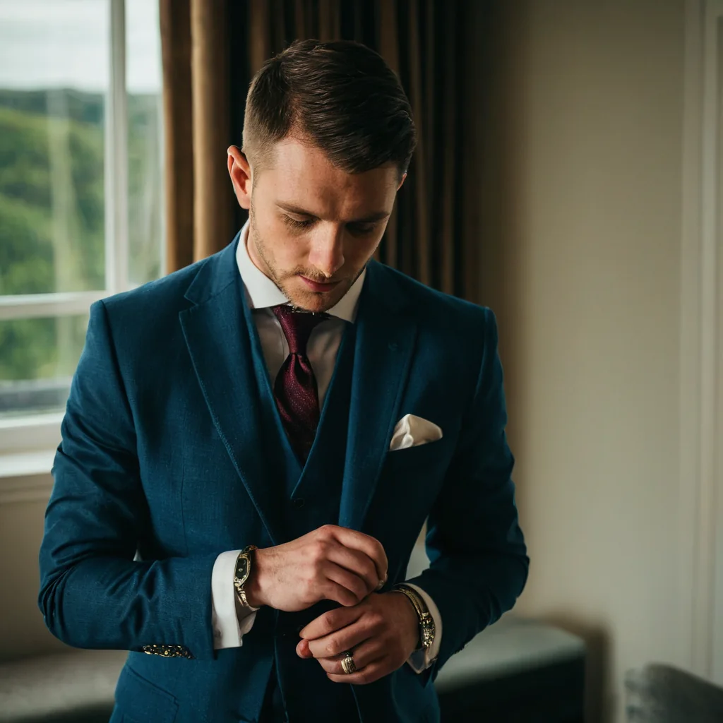 Man in teal suit adjusting watch near window with forest view