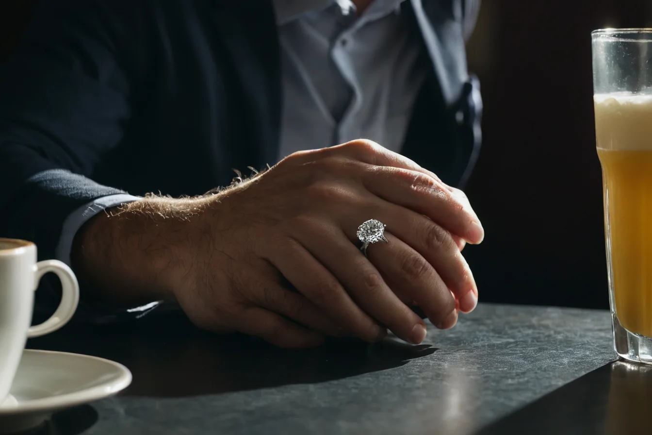 Man's hands with ring on table next to beer and coffee