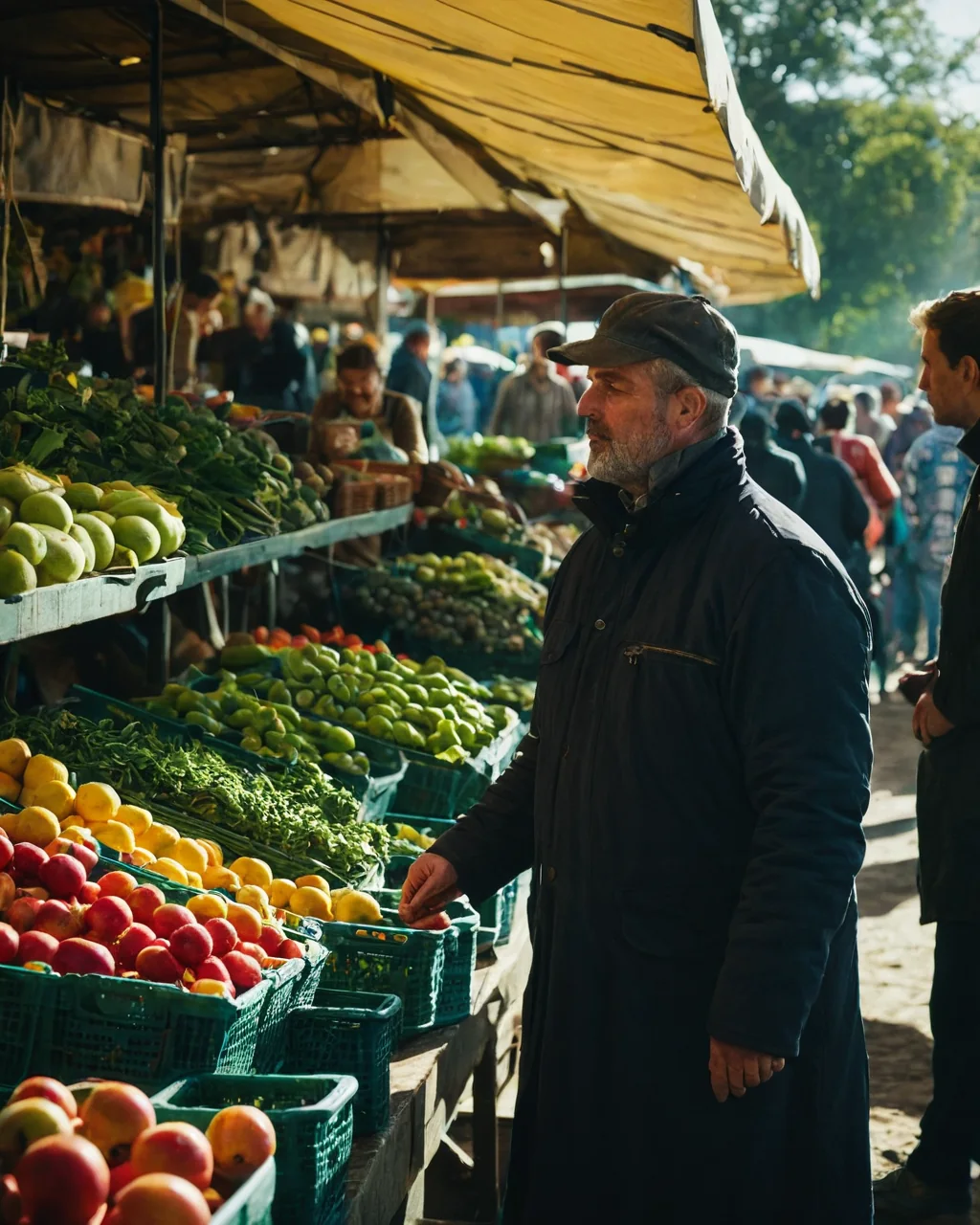 Man selecting fruit at a crowded outdoor market stall under a yellow canopy