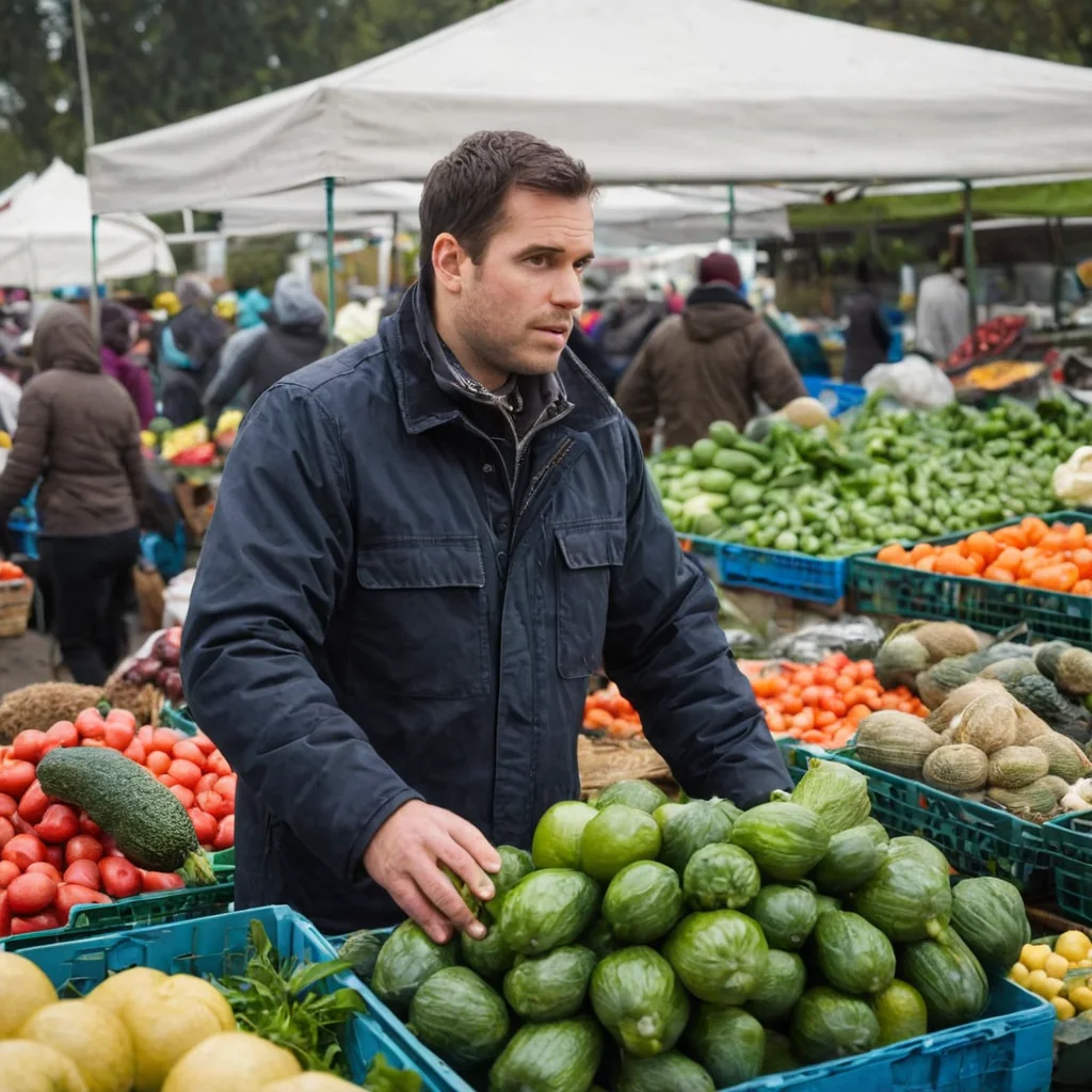 Man selecting zucchini at outdoor farmers market with colorful produce around him