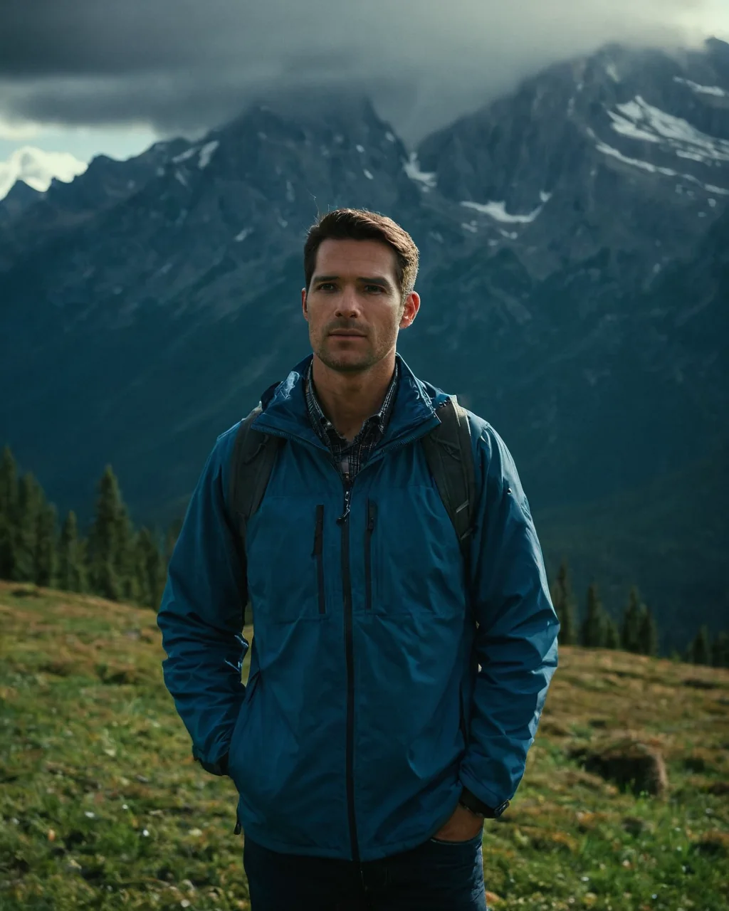 Man wearing blue jacket and backpack standing in mountainous terrain with snow-capped peaks and cloudy sky