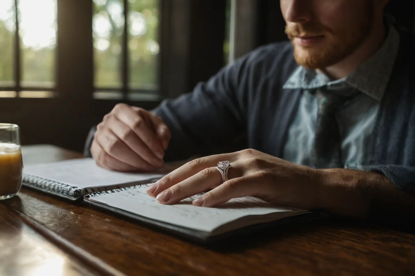 Man with beard writing in notebook at wooden table with orange juice glass nearby