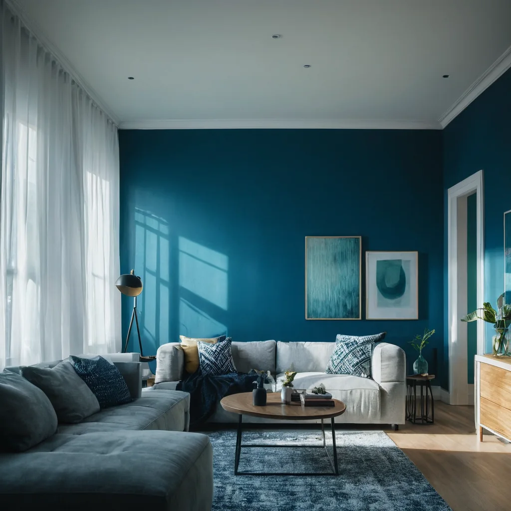 Modern living room with teal walls gray sofas and sunlight through curtains